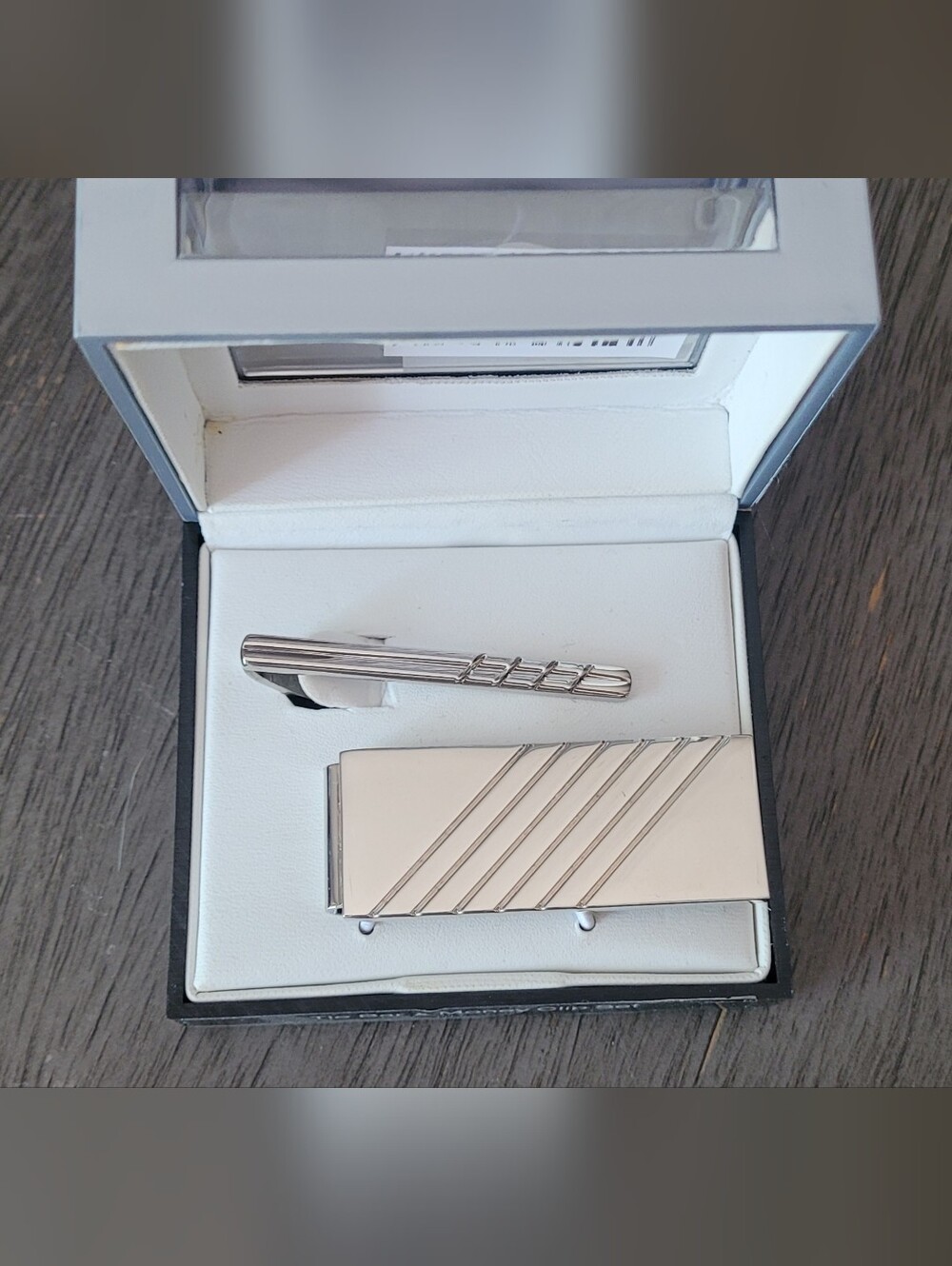 Geoffrey Beene Silver Diagonal Stripe Money Clip & Tie Clip Set